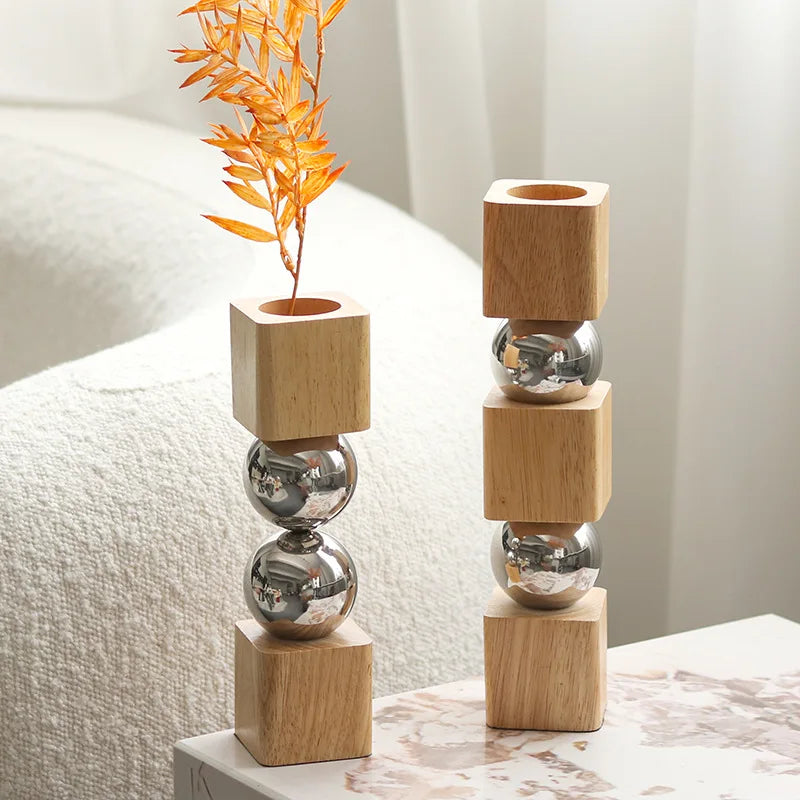 Jarrón Decorativo Nórdico | Madera y Metal Estilo Artístico