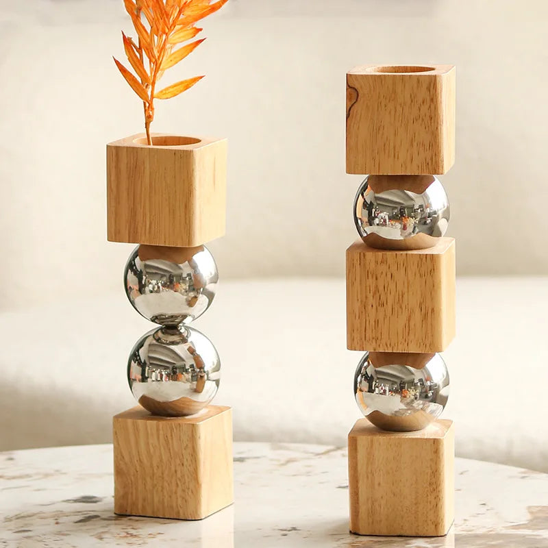 Jarrón Decorativo Nórdico | Madera y Metal Estilo Artístico