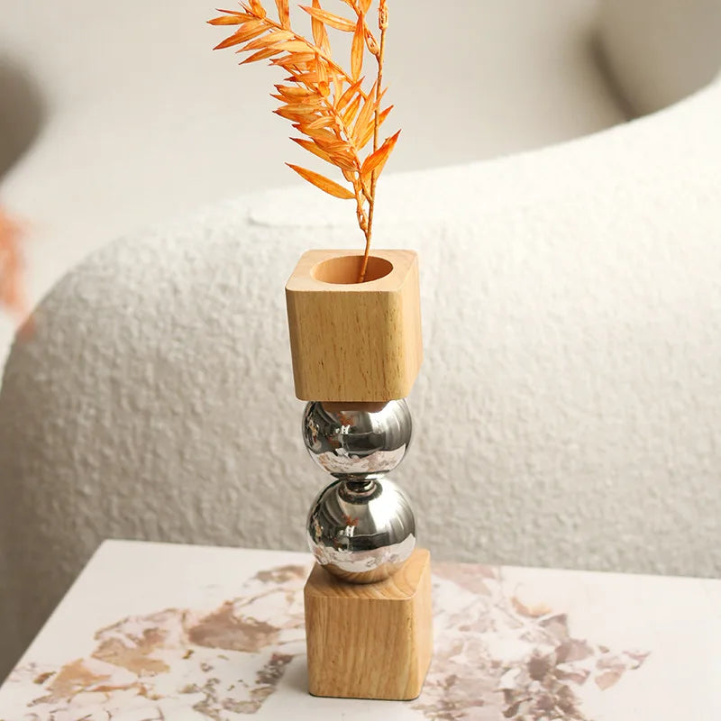 Jarrón Decorativo Nórdico | Madera y Metal Estilo Artístico