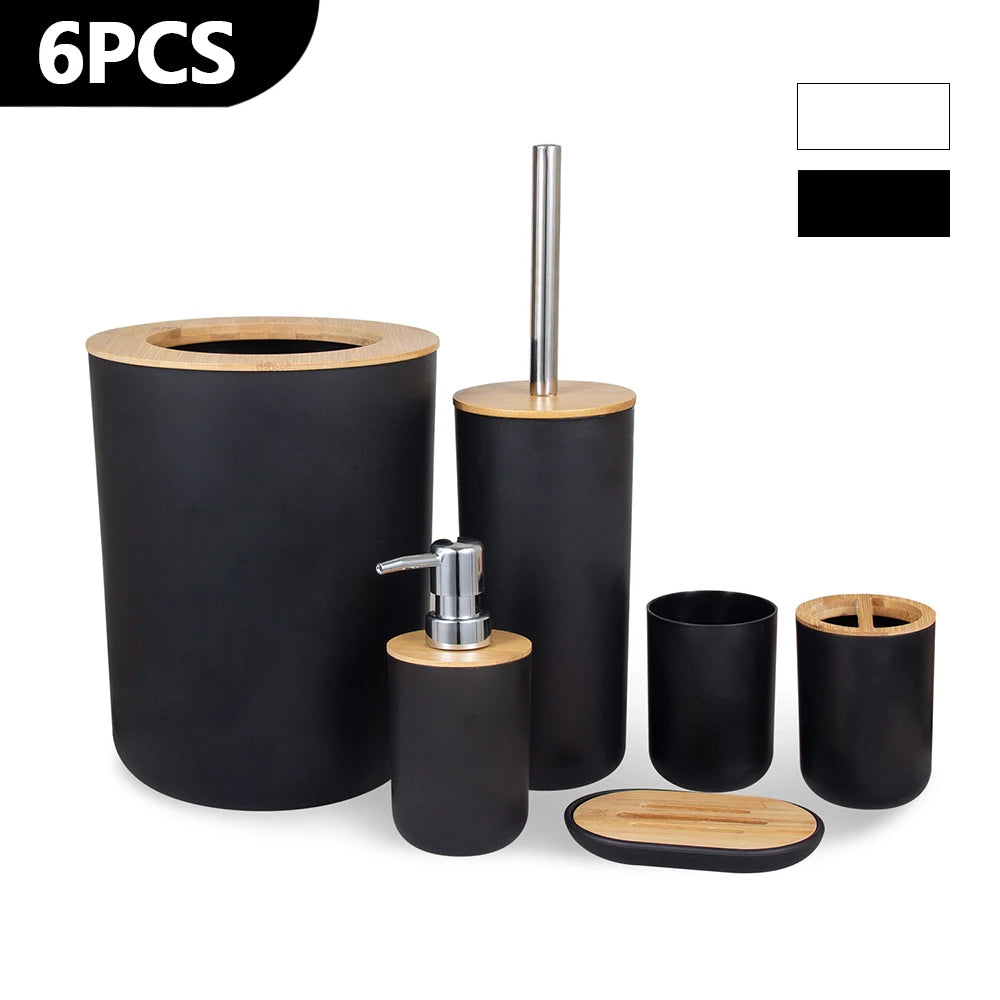 Set 6 Accesorios de Baño Bambú | Dispensador, Cepillo y más