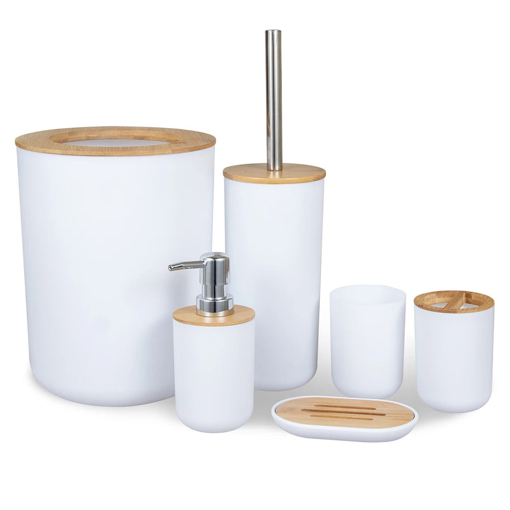 Set 6 Accesorios de Baño Bambú | Dispensador, Cepillo y más