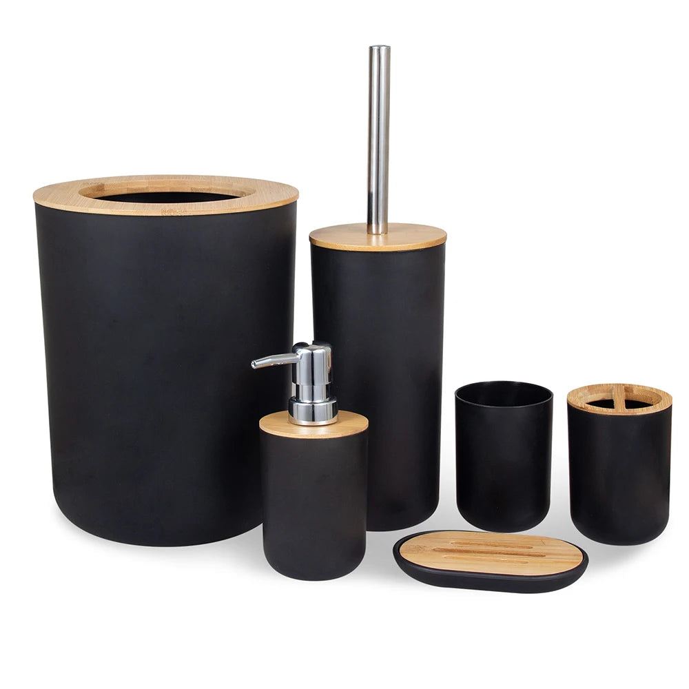 Set 6 Accesorios de Baño Bambú | Dispensador, Cepillo y más