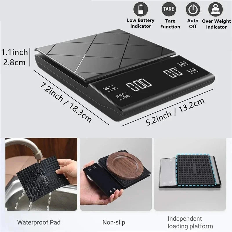 Báscula de Cocina Digital de Precisión 3kg | LCD con Temporizador