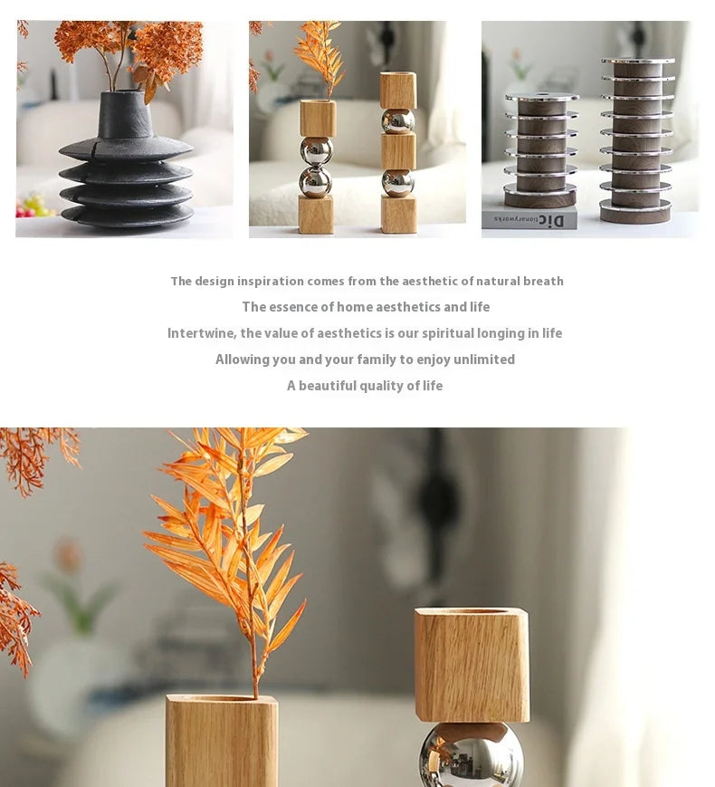 Jarrón Decorativo Nórdico | Madera y Metal Estilo Artístico