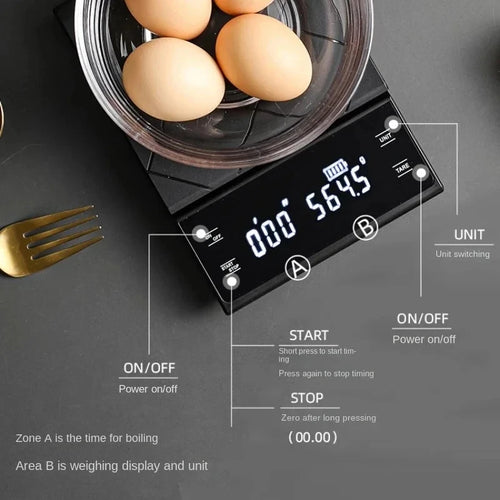Báscula de Cocina Digital de Precisión 3kg | LCD con Temporizador